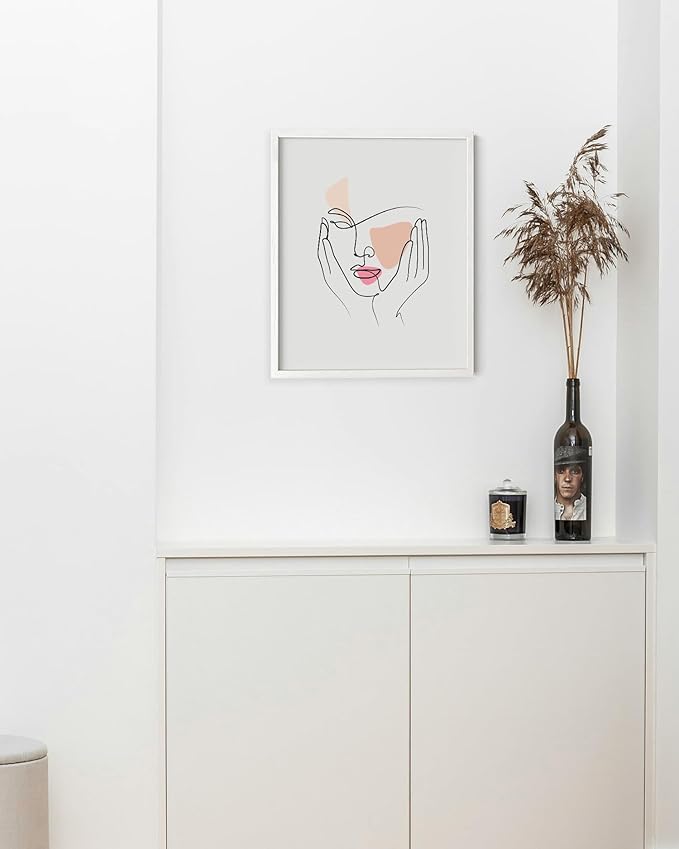 Aesthetic Face Wall Art Hands on Cheeks Continuous Line Drawing Abstract Pink Shapes 8x10 Inch Oak Wood White Framed Modern Portrait for Bedroom Vanity