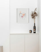 Aesthetic Face Wall Art Hands on Cheeks Continuous Line Drawing Abstract Pink Shapes 8x10 Inch Oak Wood White Framed Modern Portrait for Bedroom Vanity