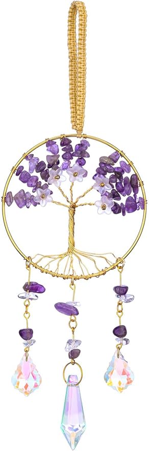 CrystalTears Amethyst Crystal Tree Life Hanging Ornament for Wall Window Home Room Decor, Handmade Feng Shui Healing Crystals Gemstone Glass Suncatcher Car Ornament, Crystal Gifts for Women Christmas