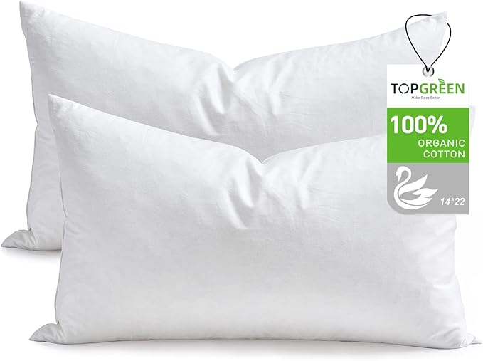 Feathers Down Pillow Inserts 14x22, Set of 2, 100% Organic Cotton Shell, Soft Decorative Lumbar Pillow Insert for Living Room Sofa, Couch, or Bed (White)