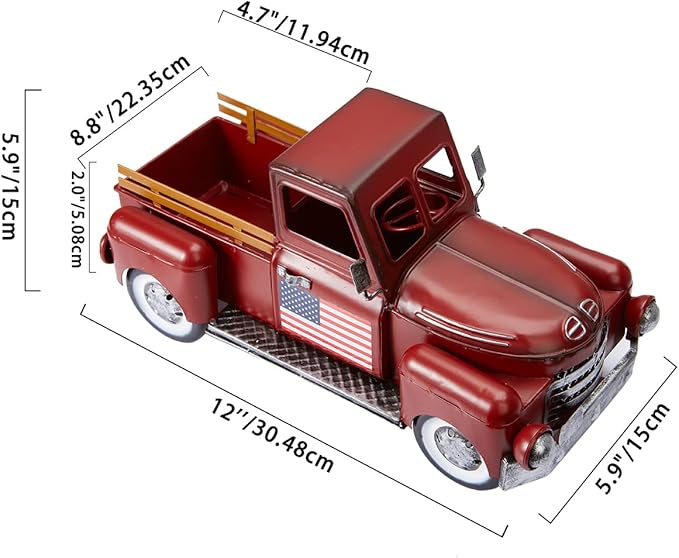 Vintage Red Truck Christmas Decor,Farmhouse Metal Trucks Planter, Decorative Americana Tabletop Storage,Patriotic Table Centerpiece Decorations