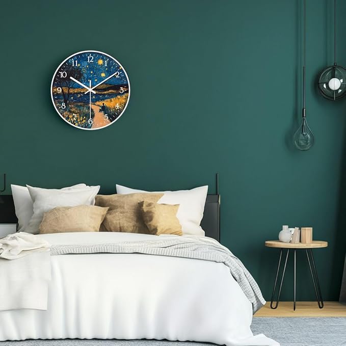 8 inch Silent Battery Operated Wall Clock, Decorative Round Wall Clock, Men Under The Starry Night