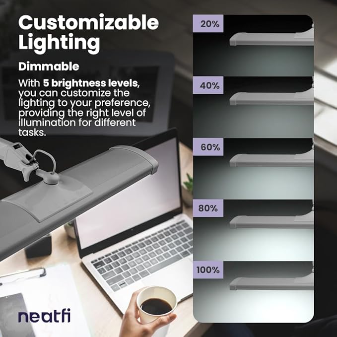 Neatfi Ultra Desk Lamp – 3,500 Lumens, 45W LED, 26-Inch Wide Shade, 5 Brightness Levels, Clamp Mount, Shadow-Free, Non-Flickering Light (Non-CCT with Clamp, Silver)