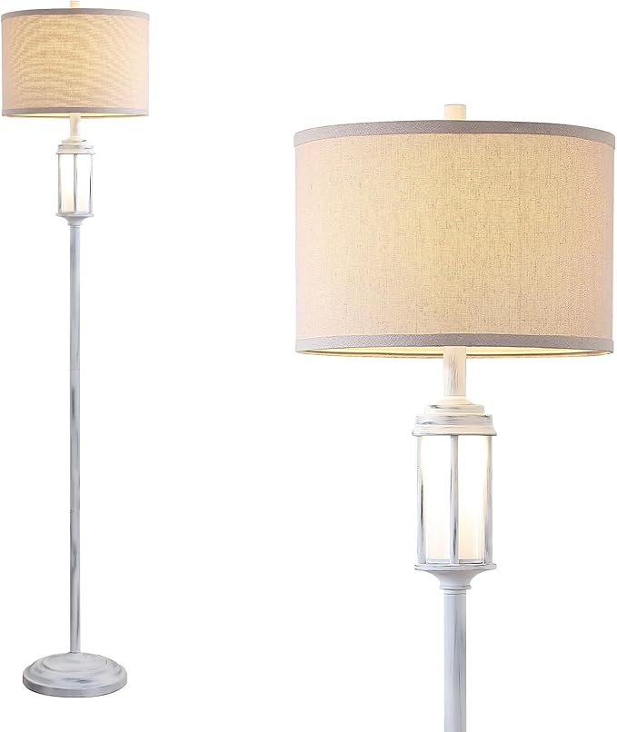 65" Vintage Floor Lamp with Night Light, Farmhouse Antique White Tall Standing Lamp with 2 Light Sources, Rustic Floor Lights for Living Room Bedroom Office Corner, Bulb Included