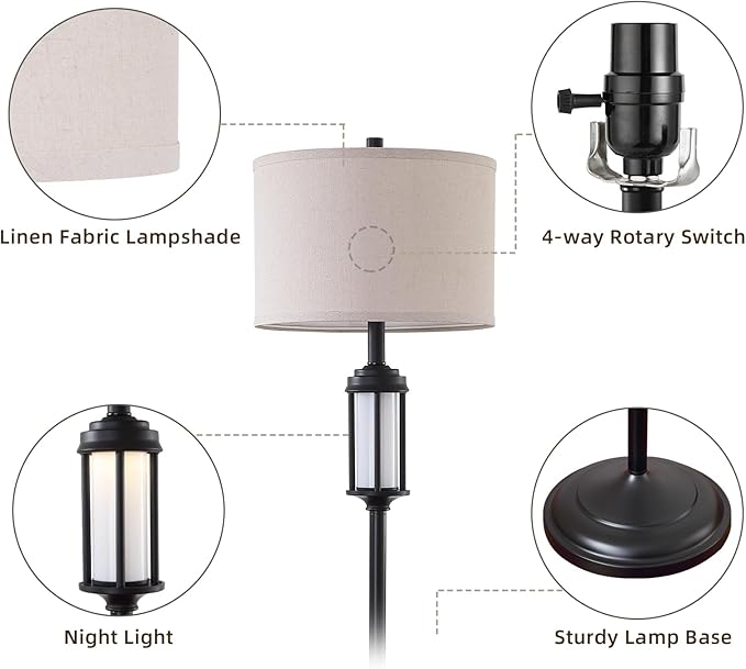 65" Modern Floor Lamp for Living Room with 2 Light Sources, Industrial Black Tall Standing Lamps with Nightlight, Retro Floor Light for Bedroom Office Reading Room, Bulbs Included