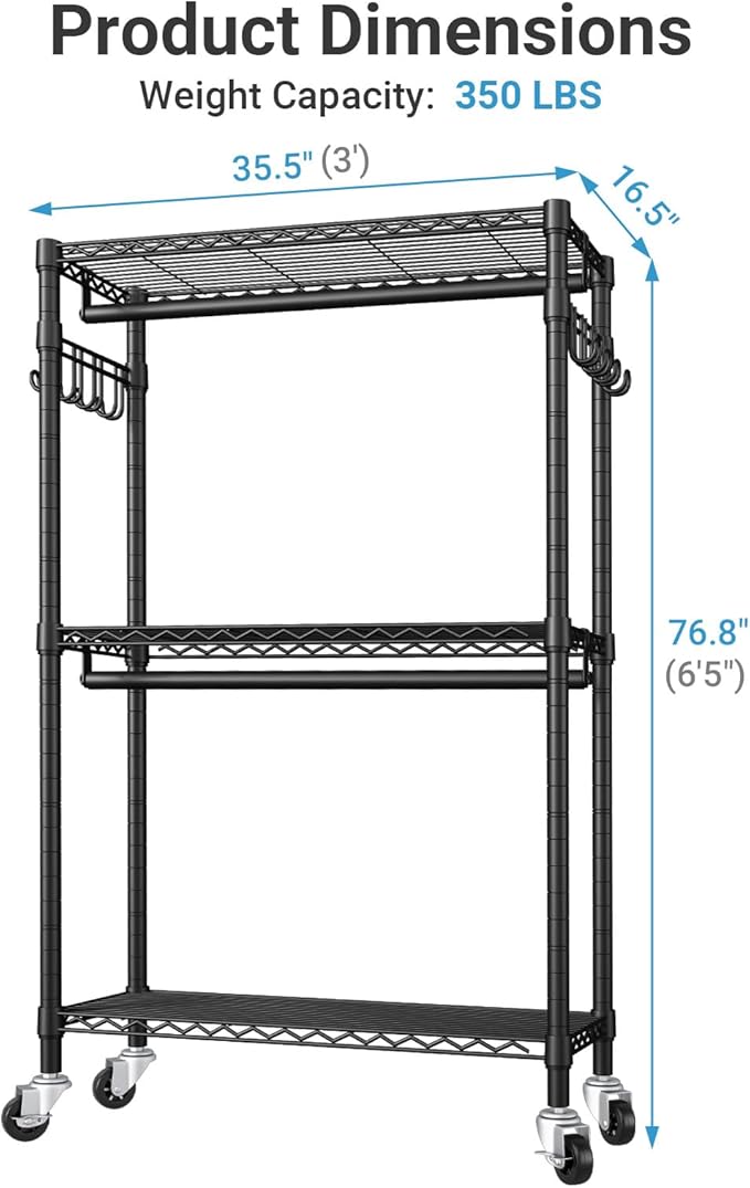 VIPEK R2 Clothes Rack Heavy Duty Clothing Rack for Hanging Clothes, Rolling Garment Rack Adjustable Closet Racks with Double Rods & Hooks, Freestanding Wardrobe Closet Coat Storage Racks, Black