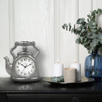 Presentime & Co. 11" Teapot Clock, Silent Non Ticking, Modern Farmhouse Style, Wall & Mantel 2 in 1 Clock, Desk & Shelf, Steel Silver Finish (Wall Deocration/Home Decoration/Tabletop Décor)