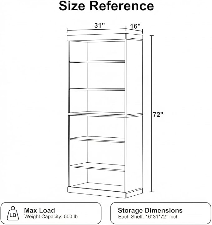 Casaphoria 6 Tier Wooden Bookshelf, 72" H Tall Book Shelf with Adjustable Shelves, Wide Bookshelf with 16" Deep Storage Space for Living Room,Bedroom & Home Office