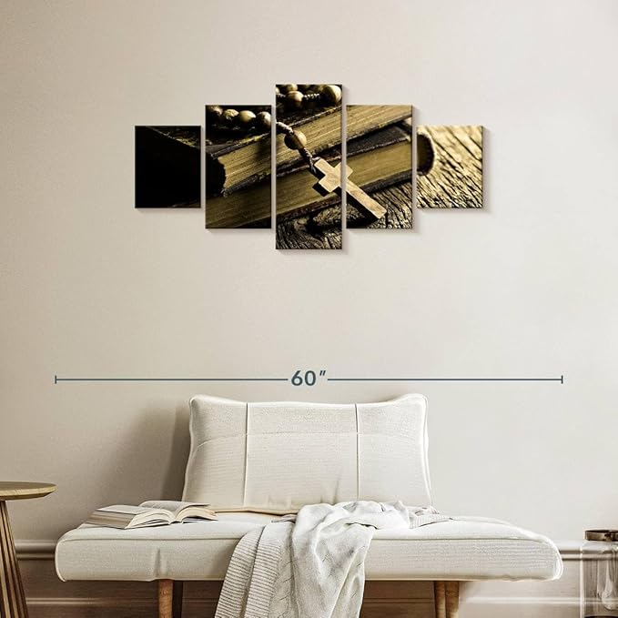 Elephant Stock Bible And Cross Wall Art Multi Piece Canvas - 5 Panel Christian Pictures Decor - Digital Design Canvas Print - Christian Wall Decor - 42" X 19"