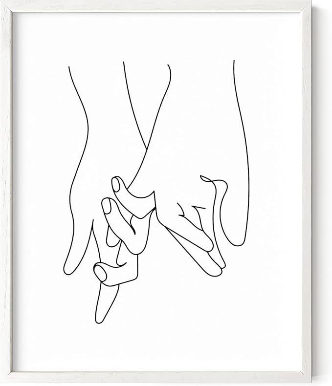 Holding Hands Wall Art Interlocking Fingers Continuous Line Drawing Love Connection 16x20 Inch Oak Wood White Framed Modern Romance Print for Bedroom