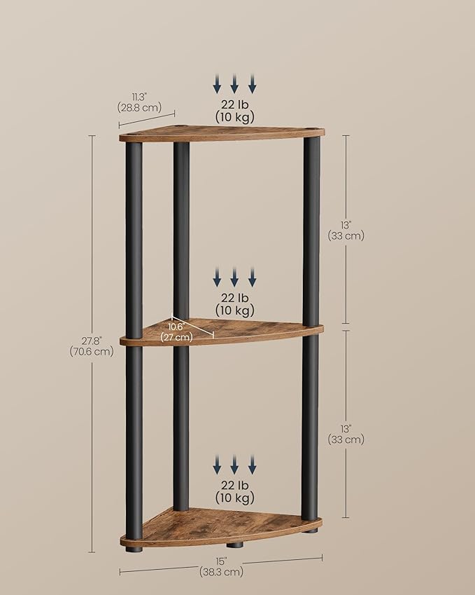 SONGMICS HOME Superfast Toolless Assembly, Corner Shelf Stand, 3-Tier Corner Standing Shelf, Living Room, Bedroom, Kitchen, 15 x 10.6 x 27.8 Inches, Rustic Brown ULBC620K01