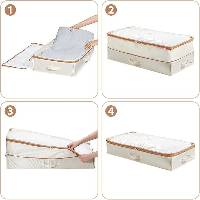 Under Bed Storage Container with Double Zippers, Foldable Oxford Fabric Organizer with Clear Top, Hard-Sided, Compressible Clothes & Blanket Bin, 32x16x11.4 Inch (4 Pack, Beige)