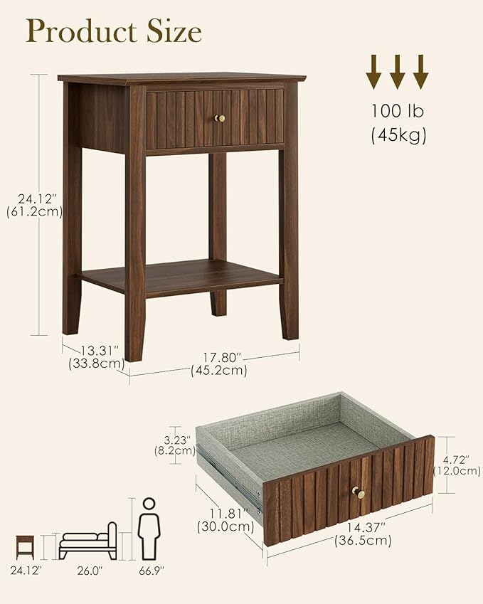 Fluted Nightstand, Farmhouse Night Stand with 1 Drawers, Mid Century Modern Side Accent Table,Bedside End Table for Bedroom, Living Room, Brown