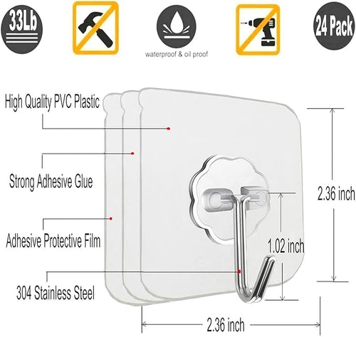 12 Pack Heavy Duty Self Adhesive Hooks - 33lb Max, Transparent, Waterproof, Sticky Wall Hooks for Keys, Bathroom, Shower, Outdoor, Kitchen, Door, Home Improvement, Utility | Heavy Duty, 33lb Max, Waterproof, for Keys, Bathroom, Shower