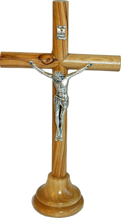 Holy Land Market Olive Wood Smooth Round Sticks Bethlehem Catholic Crucifix - Modern Style (Crucifix, 7.5 Inches)