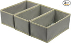 Sock Drawer Organizer 3 Pack - Foldable Fabric Storage Bins for Underwear Divider, Small Closet Organizers with 3 Compartments, Light Gray