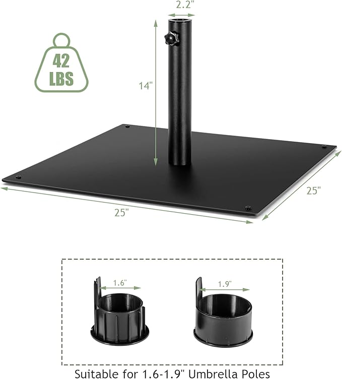 Giantex 42 lbs Patio Umbrella Base, 25 inch Heavy Duty Square Outdoor Umbrella Stand for 1.6''-1.9'' Poles, 4 Adjustable Pads Anchor Holes, Umbrella Holder for Deck Yard Poolside Garden