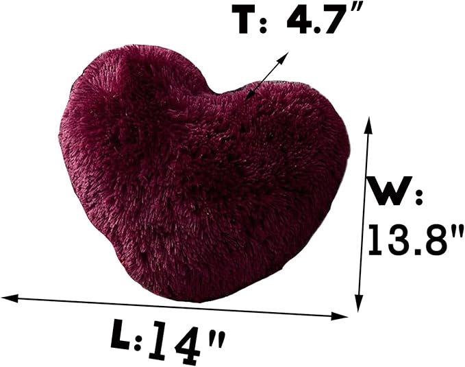 MorroMorn Fluffy Heart Throw Pillows, Shaggy Decorative Pillow for Sofa Couch Bed, Cute Room Decor Decorations for Women Girls Kids (Maroon)