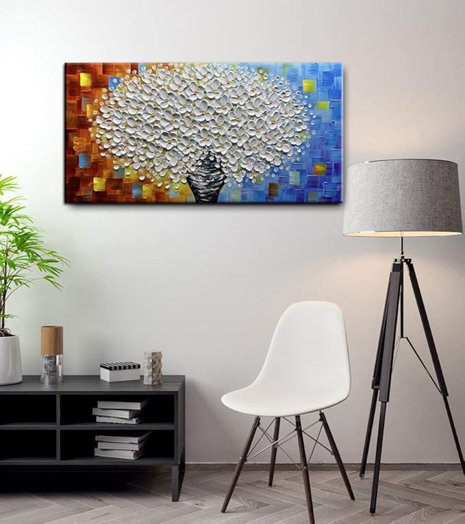 YaSheng Art- 3D Thick Texture White Floral Canvas Wall Art Oil Painting on Canvas Handmade Abstract Floral vase Artwork Home Modern bedroom Dining Room Office Decor Wall Art Ready to Hang 24x48