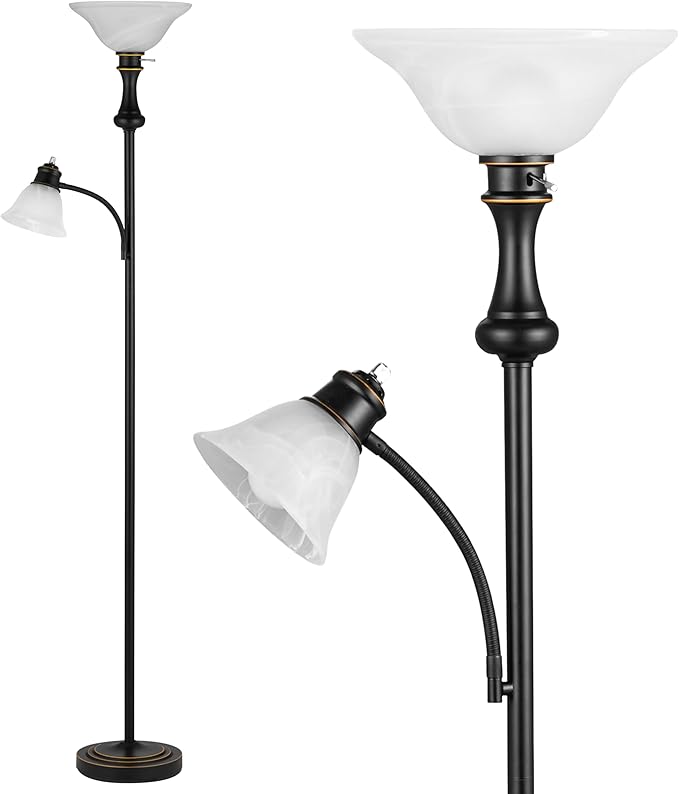 71'' Torchiere Floor Lamps for Living Room, Tall Floor Lamp for Bedroom with Adjustable Angle Arc Reading lamp, Modern Standing lamp with Glass Shade, Knob Switch, Bulb Included, Black