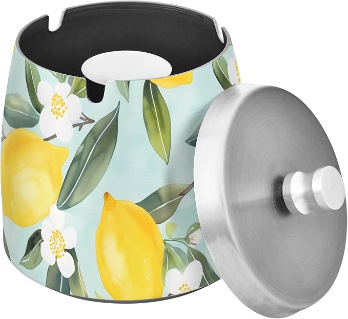 Lemon White Flowers Blue Pattern Ashtray with Lid, Outdoor Ashtrays for Patio, Stainless Steel Ashtray Odorless Smokeless for Home Office Balcony