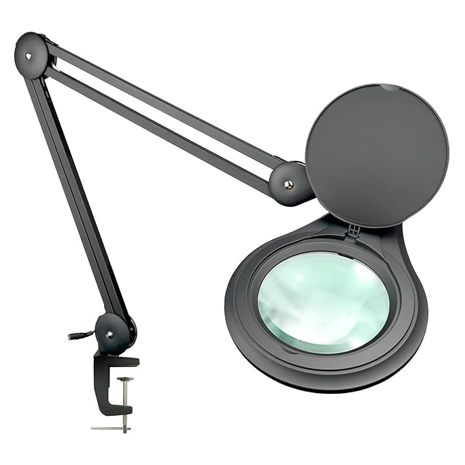 ESD Safe (Glass Lens) Professional LED Magnifying Lamp with Clamp (5 Diopter, 2.25X) Work Light, 4 Brightness Levels, Daylight Bright, 1200 Lumens, 5600K-6000K, Matte Black, BoliOptics MG16303222