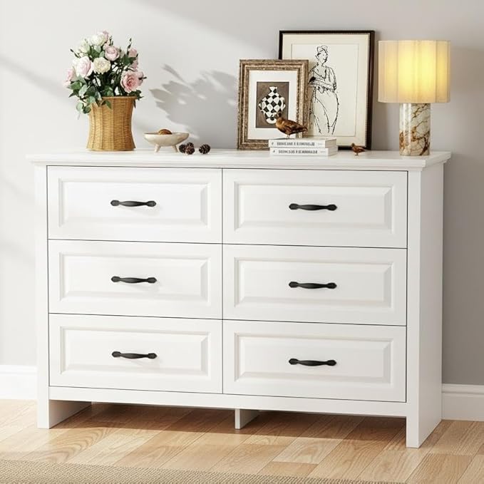 Marsail Farmhouse 6 Drawer Dresser, Wood Chest of Drawers with Natural Texture, Smooth Gliding Drawers, Versatile Storage Organizer Cabinet for Bedroom & Living Room, White