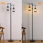 Industrial,Vintage Dimmable Floor Lamp,2 Classical Lanterns Standing Lamp, Rustic Farmhouse Floor Lamp with Black Finish