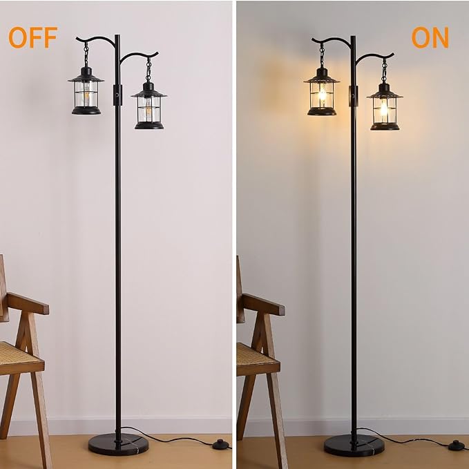 Industrial,Vintage Dimmable Floor Lamp,2 Classical Lanterns Standing Lamp, Rustic Farmhouse Floor Lamp with Black Finish
