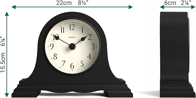 JONES CLOCKS® Speakeasy Mantel Clock | Classic Napoleon’s hat Design | Black | Contemporary Classic Style for Desk, Table, Shelf or Bedside