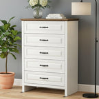Marsail Farmhouse 5 Drawer Dresser, Wood Chest of Drawers with Natural Texture, Smooth Gliding Drawers, Versatile Storage Organizer Cabinet for Bedroom & Living Room, White and Brown