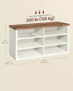 VASAGLE Shoe Bench, Storage Bench, 6 Compartments, Adjustable Shelves, for Living Room, Entryway, Dorm, 11.6 x 39.4 x 19.7 Inches, Rustic White and Honey Brown ULSB036W02
