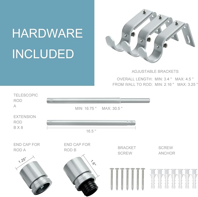 Curtain Rods for Windows 16 to 144 Inches Adjustable Length 1 Inch Diameter Window Curtain Rod with Aluminium End Cap, Silver Gray