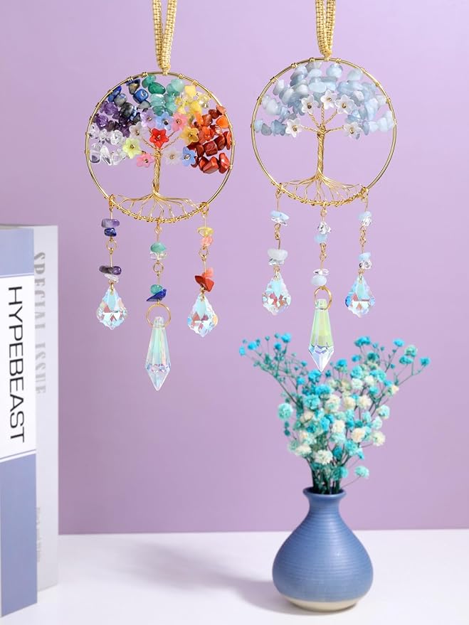 CrystalTears Chakra Crystal Tree Life Hanging Ornament for Wall Window Home Room Decor, Handmade Feng Shui Healing Crystals Gemstone Glass Suncatcher Car Ornament, Crystal Gifts for Women Christmas