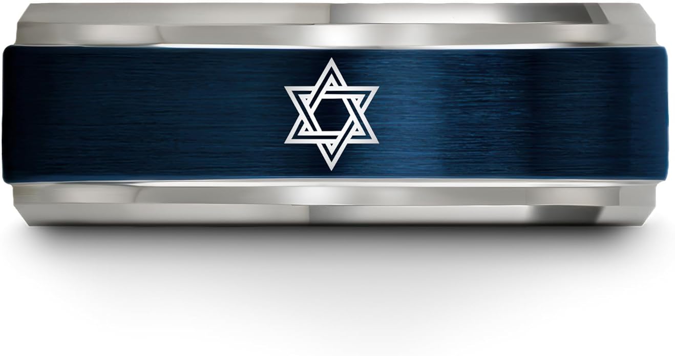 Mezuzah star Of David Ring - Gift for Jewish Family - Flat Dome Bevel - 8mm - Men Women - Yellow Gold Black Silver Blue - Anniversary Wedding - Personalized Custom Engraving - Band - Brushed Polished