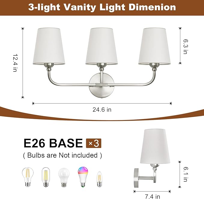 Kvhilw Bathroom Vanity Light, Brushed Nickel Bathroom Light Fixtures, 3-Light Lighting Fixtures Over Miror, Modern Wall Sconce with Flared White Fabric Shade, E26 Socket(ETL Listed)