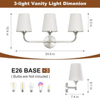 Kvhilw Bathroom Vanity Light, Brushed Nickel Bathroom Light Fixtures, 3-Light Lighting Fixtures Over Miror, Modern Wall Sconce with Flared White Fabric Shade, E26 Socket(ETL Listed)