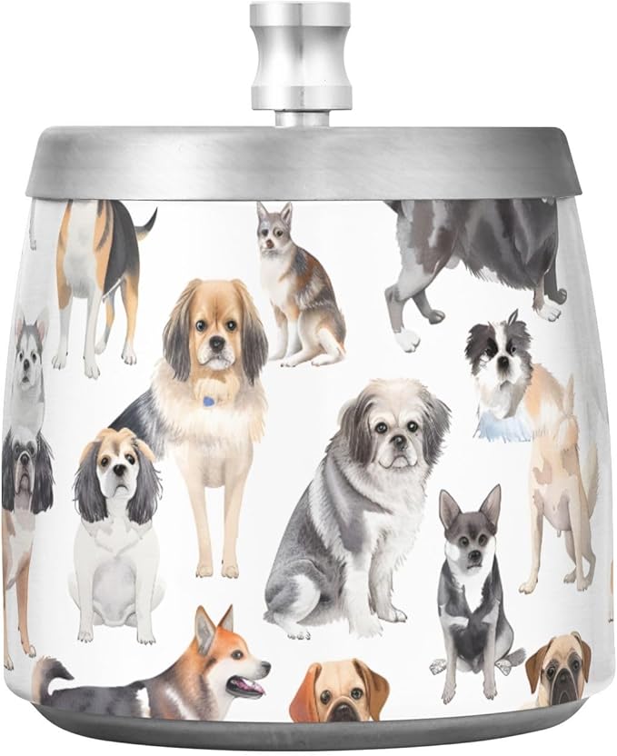 Dog Breeds Ashtray with Lid, Outdoor Ashtrays for Patio, Stainless Steel Ashtray Odorless Smokeless for Home Office Balcony