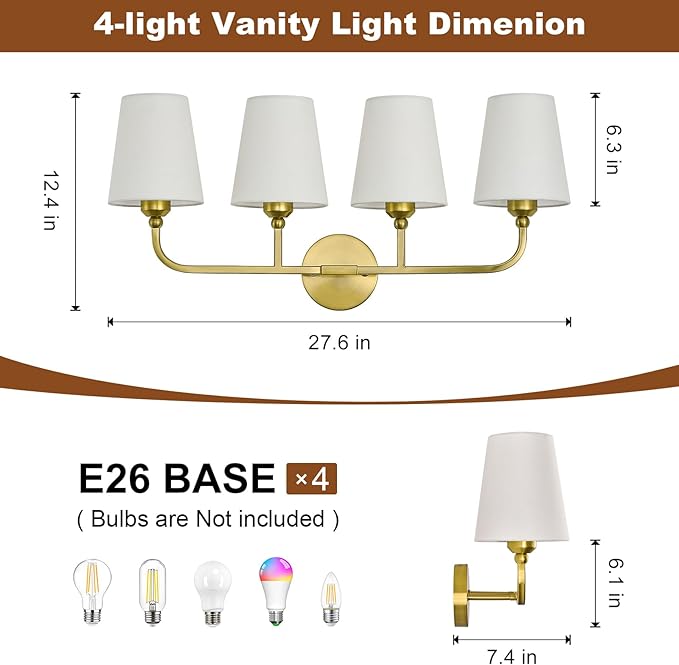 Kvhilw Bathroom Vanity Light, Brushed Gold Bathroom Light Fixtures, 4-Light Lighting Fixtures Over Miror, Modern Wall Sconce with Flared White Fabric Shade, E26 Socket(ETL Listed)