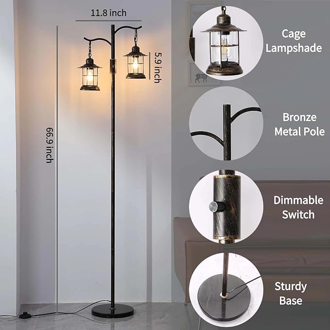 Industrial,Vintage Dimmable Floor Lamp,2 Classical Lanterns Standing Lamp, Rustic Farmhouse Floor Lamp with Bronze Gold Finish, for Living Room Bedroom (Bronze-B-Style)