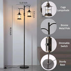 Industrial,Vintage Dimmable Floor Lamp,2 Classical Lanterns Standing Lamp, Rustic Farmhouse Floor Lamp with Bronze Gold Finish, for Living Room Bedroom (Bronze-B-Style)
