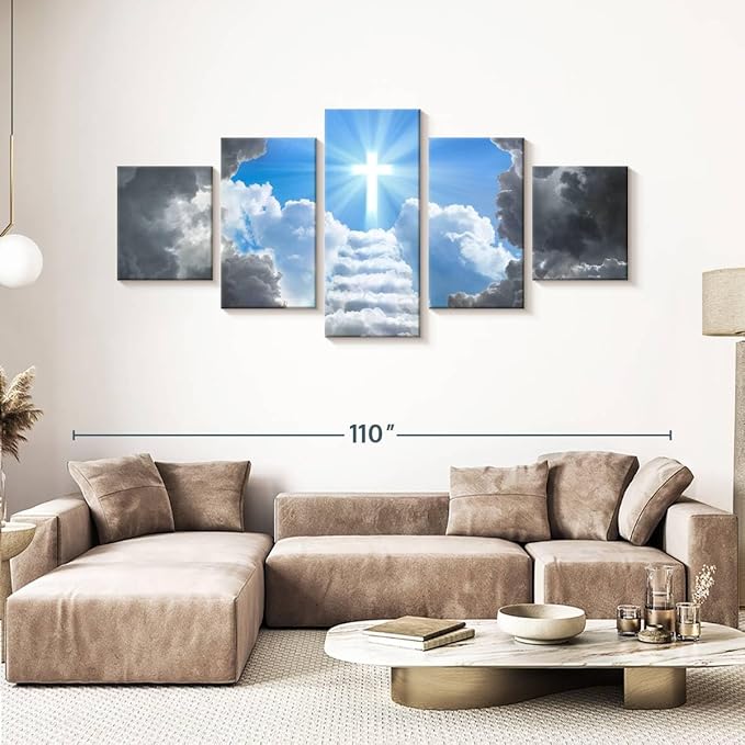 Elephant Stock Stairway To Jesus Christ Wall Art Multi Piece Canvas - 5 Panel Christian Pictures Decor - Digital Design Canvas Print - Christian Wall Decor - 92" X 42"