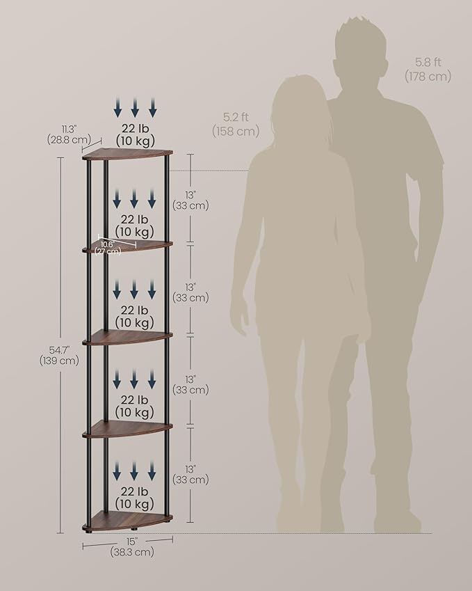 SONGMICS HOME Superfast Toolless Assembly, Corner Shelf Stand, 5-Tier Corner Standing Shelf, Living Room, Bedroom, Kitchen, 15 x 10.6 x 54.7 Inches, Somber Walnut ULBC610K02