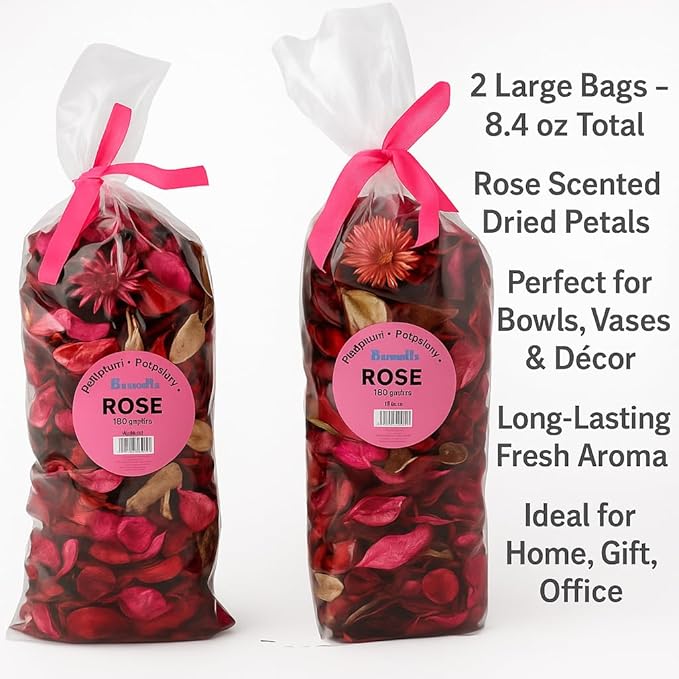 Rose Scented Potpourri Bags – 2 Large Packs, 8.4 oz Total – Dried Petals & Botanicals for Bowls & Vases – Long-Lasting Aroma for Home Décor, Office, Bathroom, Gift Use