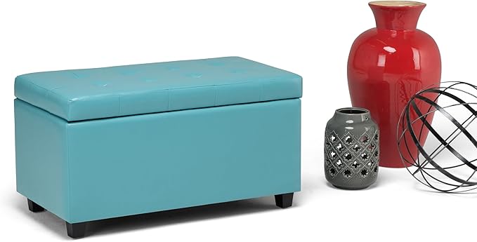 SIMPLIHOME Cosmopolitan Storage Ottoman - 34 inch Wide Upholstered Vegan Leather Rectangle Storage Ottoman Bench in Soft Blue, Transitional Tufted Ottoman for Living Room or Entryway with Lift-Up Lid