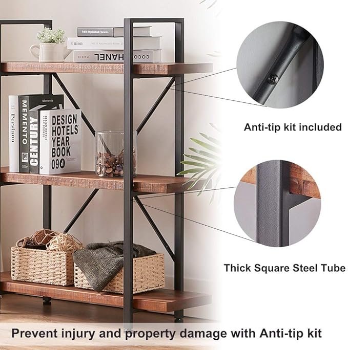 HSH Solid Real Wood Bookshelf, 3 Tier Rustic Vintage Industrial Book Shelf, Small Short Etagere Natural Wooden Bookcase, Open Metal Farmhouse Solid Wood Book Shelf, Distressed Brown