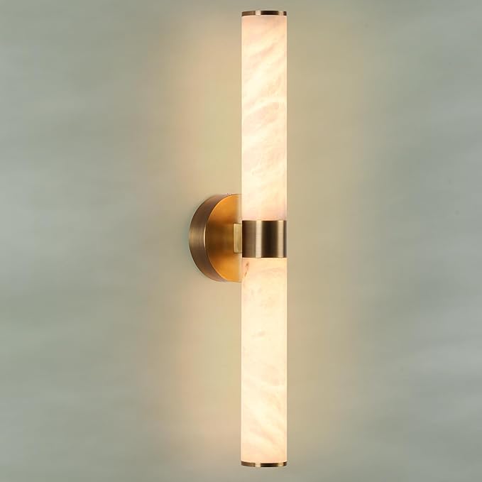 23.8in Alabaster Wall Sconce, Gold Sconces with Spanish Marble, Modern Brass Wall Mounted Lamp, Hardwired LED Wall Lighting for Bathroom Bedroom Living Room Staircase Hallway Dining Room