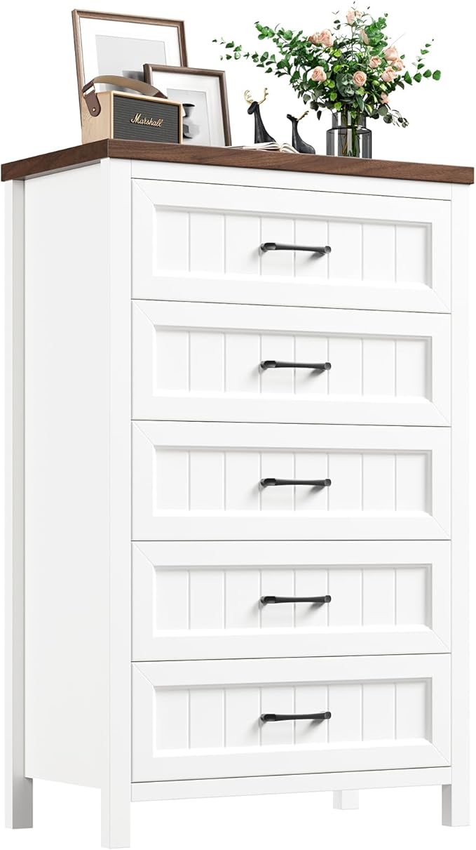 5 Drawer Dresser for Bedroom - Farmhouse 44.9" Tall Chest of Dresser with Large Storage, Rubst Wood Construction for Living Room, Hallway & Entryway - White (White & Brown)