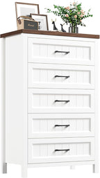 5 Drawer Dresser for Bedroom - Farmhouse 44.9" Tall Chest of Dresser with Large Storage, Rubst Wood Construction for Living Room, Hallway & Entryway - White (White & Brown)