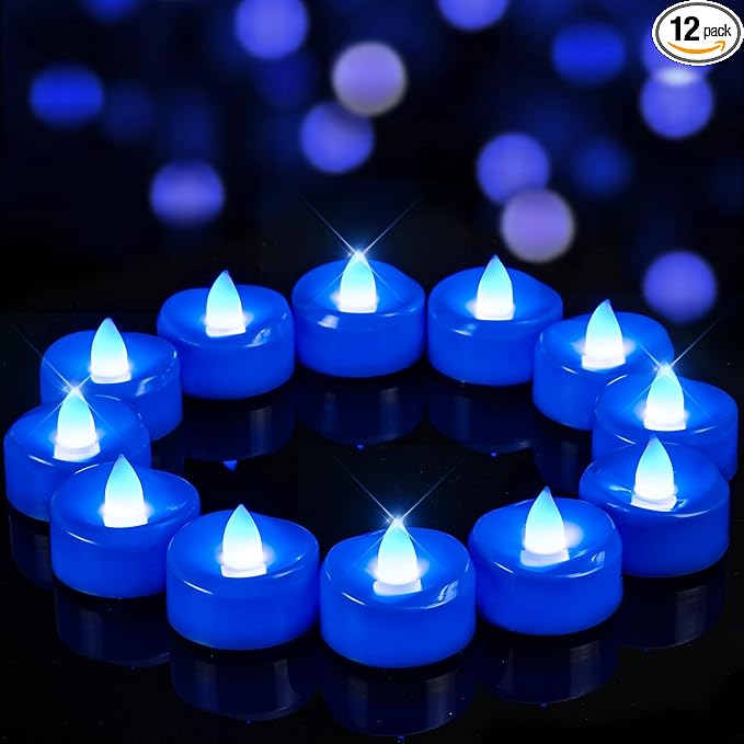 Flameless Candles, 12 Pack Tea Lights Candle Battery Operated, LED Tealight Votives, Realistic Tea Lights for Halloween Christmas Party Decor -D 1.5” x H 1.25” -Blue Light
